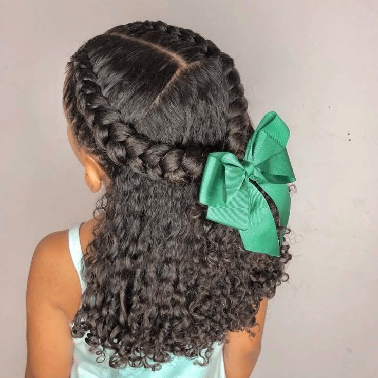 Curly Brunette Braided Crown Green Bow — Ribbons Little Girl Hairstyles 2027
