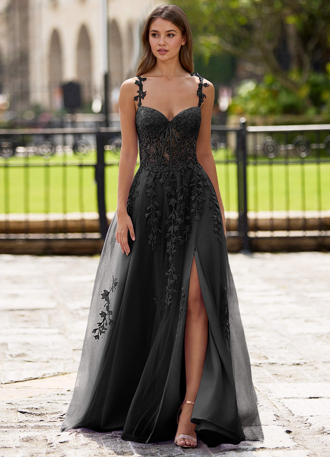 Black A-Line Tulle Gown with Lace Appliques and Grey Ombre Black A-Line Tulle Gown with Lace Appliques and Grey Ombre — Black Prom Dresses 2027