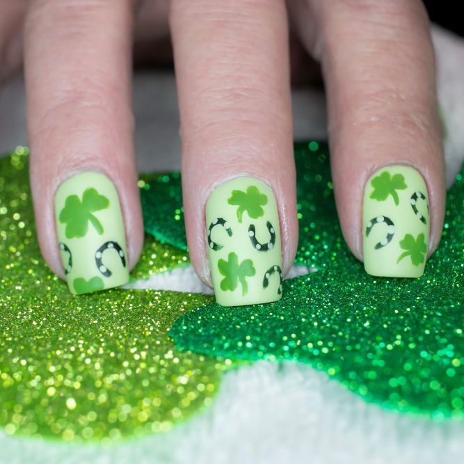 Matte Light Green Clover Horseshoe Squares Matte Light Green Clover Horseshoe Squares — Lucky Nails 2027