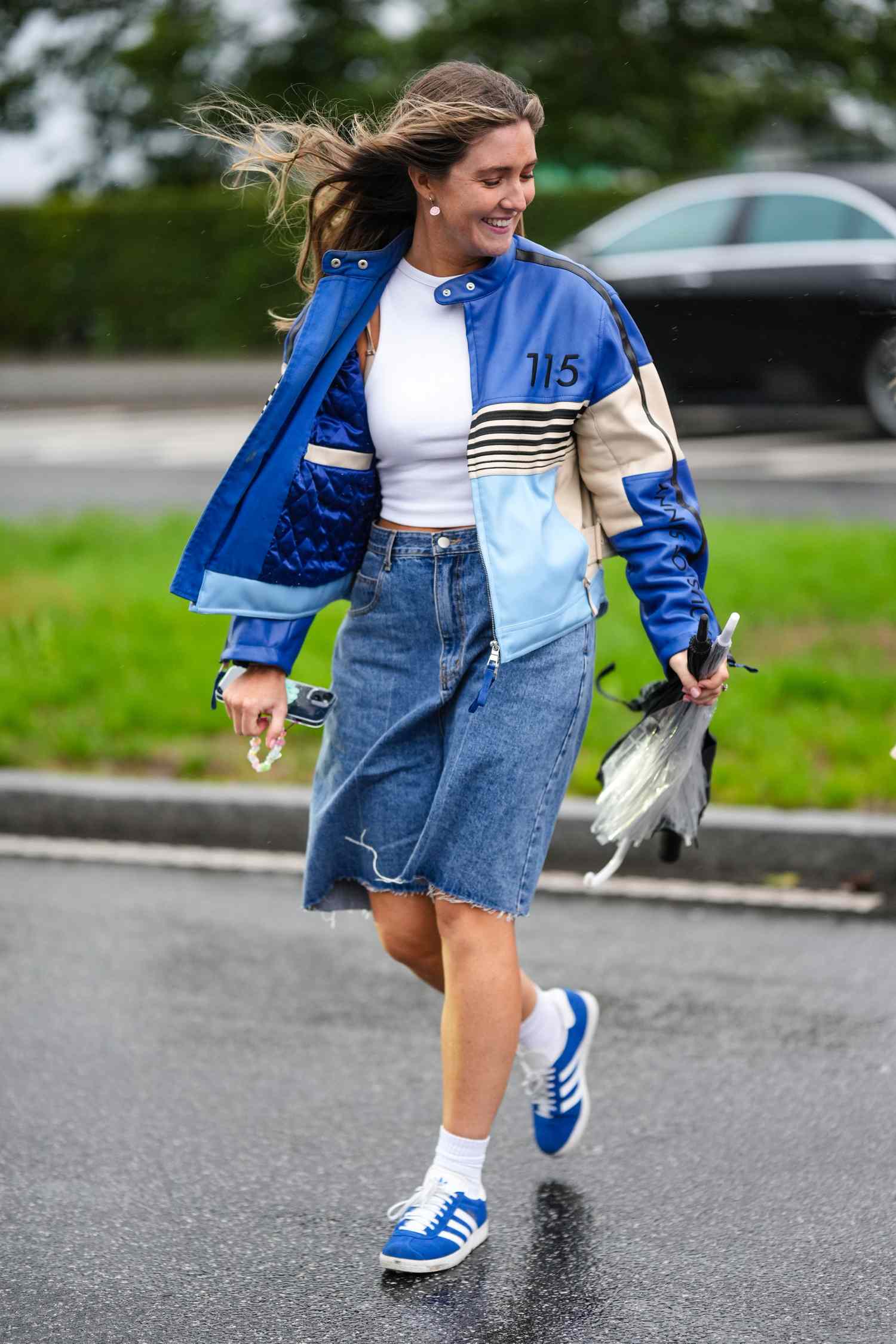 Retro Vibe: Adidas Samba with Racing Jacket and Denim Skirt Retro Vibe: Adidas Samba with Racing Jacket and Denim Skirt — Adidas Samba Outfits 2027