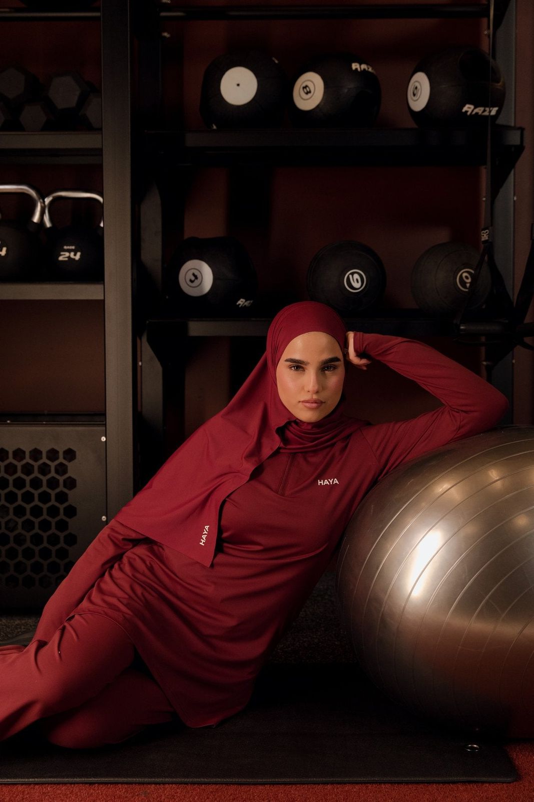 Fitted Maroon Long-Sleeve Top and Pants with Hijab for Gym — Streetwear Gym Outfits 2027