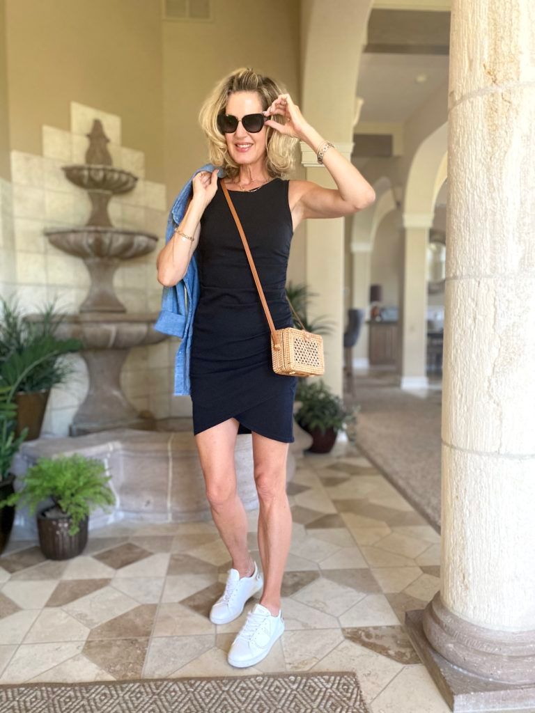 Black Ruched Wrap Dress with Denim Jacket and Sneakers Black Ruched Wrap Dress with Denim Jacket and Sneakers — Little Black Dress Outfits 2027