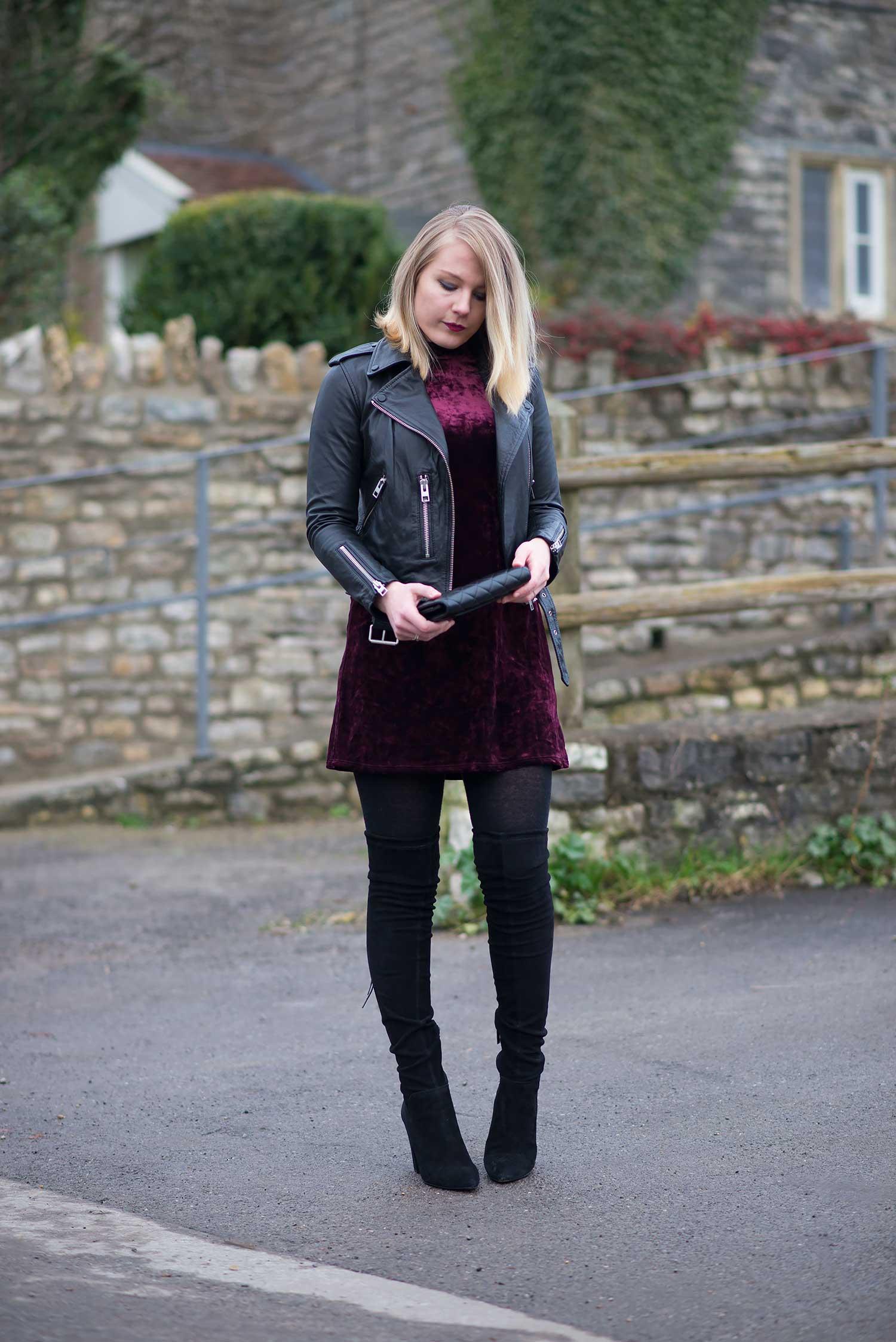 Edgy Chic: Leather Jacket with Velvet A-line Dress and Over-the-Knee Boots Edgy Chic: Leather Jacket with Velvet A-line Dress and Over-the-Knee Boots — Dress 2027 with Leather Jacket Outfit