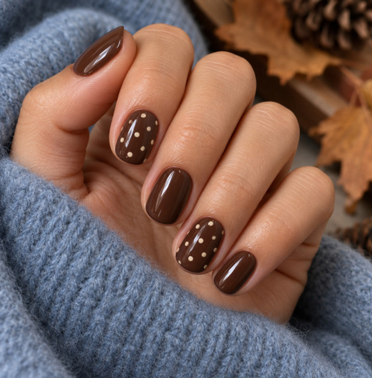 Short Oval Brown with Beige Dots Short Oval Brown with Beige Dots — Polka Dot Nails 2027