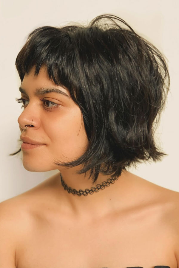 Edgy Black Shag Bob With Micro Bangs Edgy Black Shag Bob With Micro Bangs — Short Shag 2027