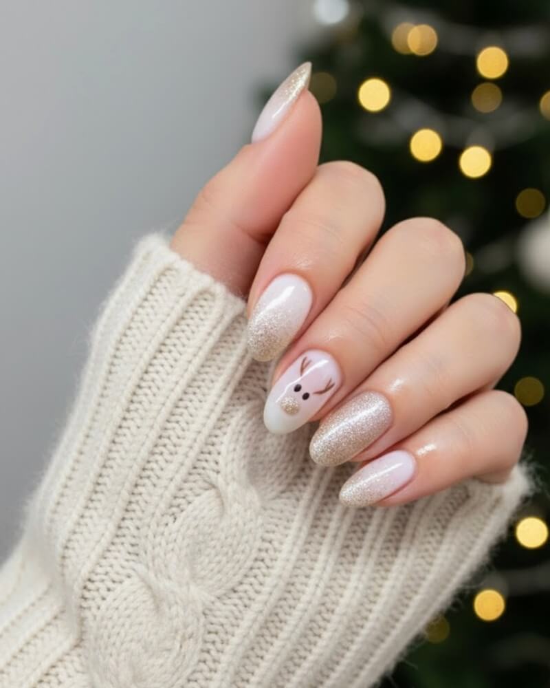 Sheer Pink Reindeer Face Oval Nails Sheer Pink Reindeer Face Oval Nails — Neutral Christmas Nails 2026