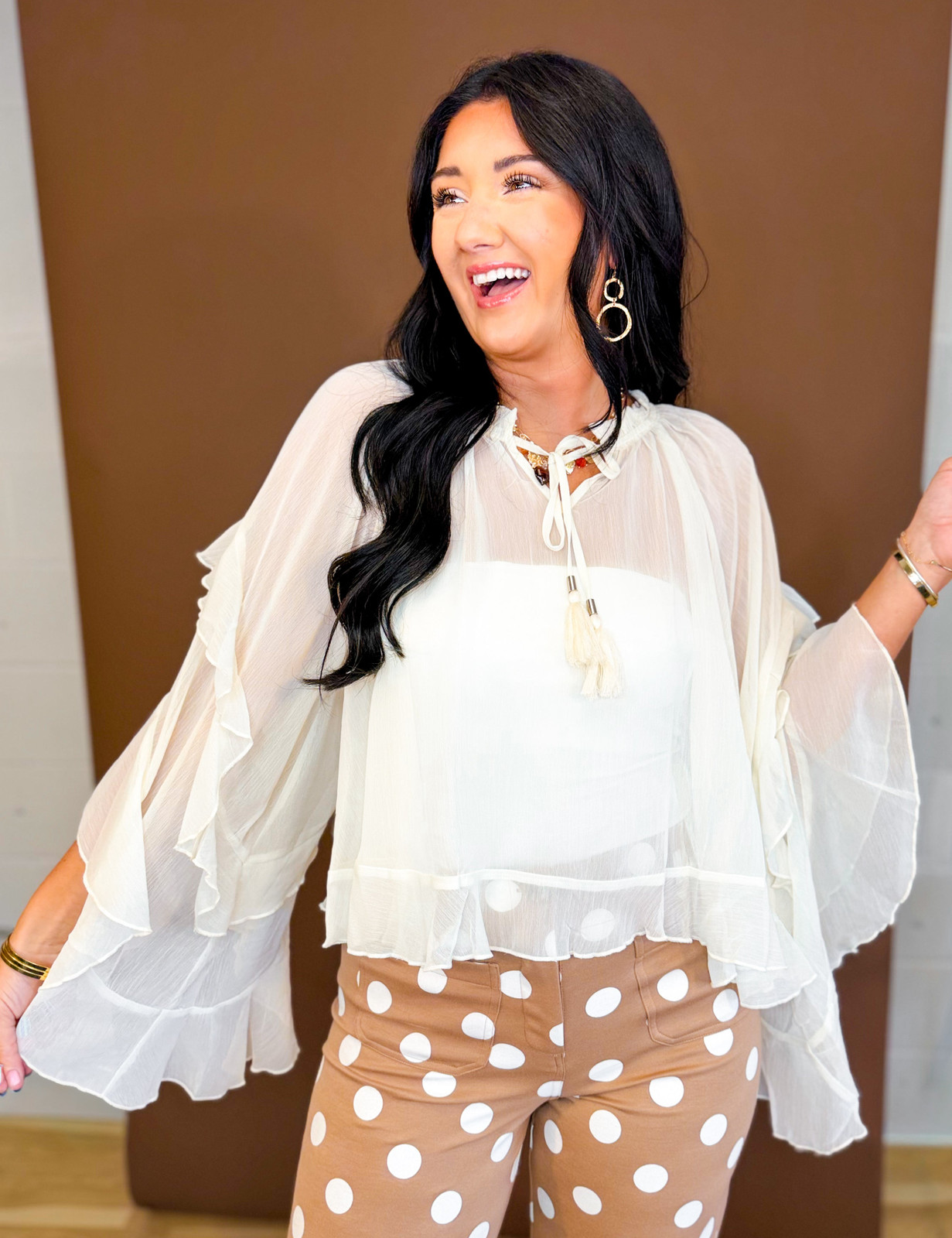 Ivory Ruffled Chiffon Blouse with Polka Dot Trousers Ivory Ruffled Chiffon Blouse with Polka Dot Trousers — Chiffon Blouse Outfits 2027