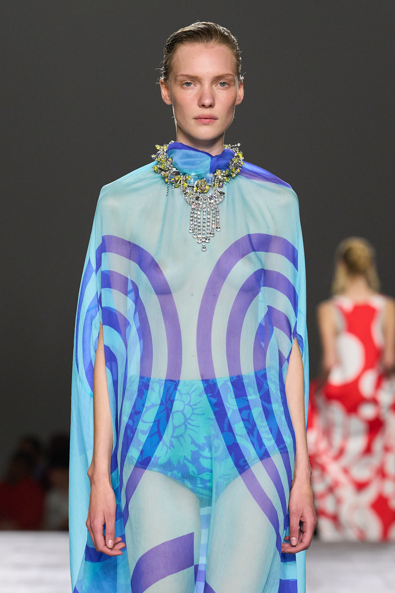 Sheer Light Blue Graphic Cape over Bodysuit Sheer Light Blue Graphic Cape over Bodysuit — Glamoratti Outfits 2027