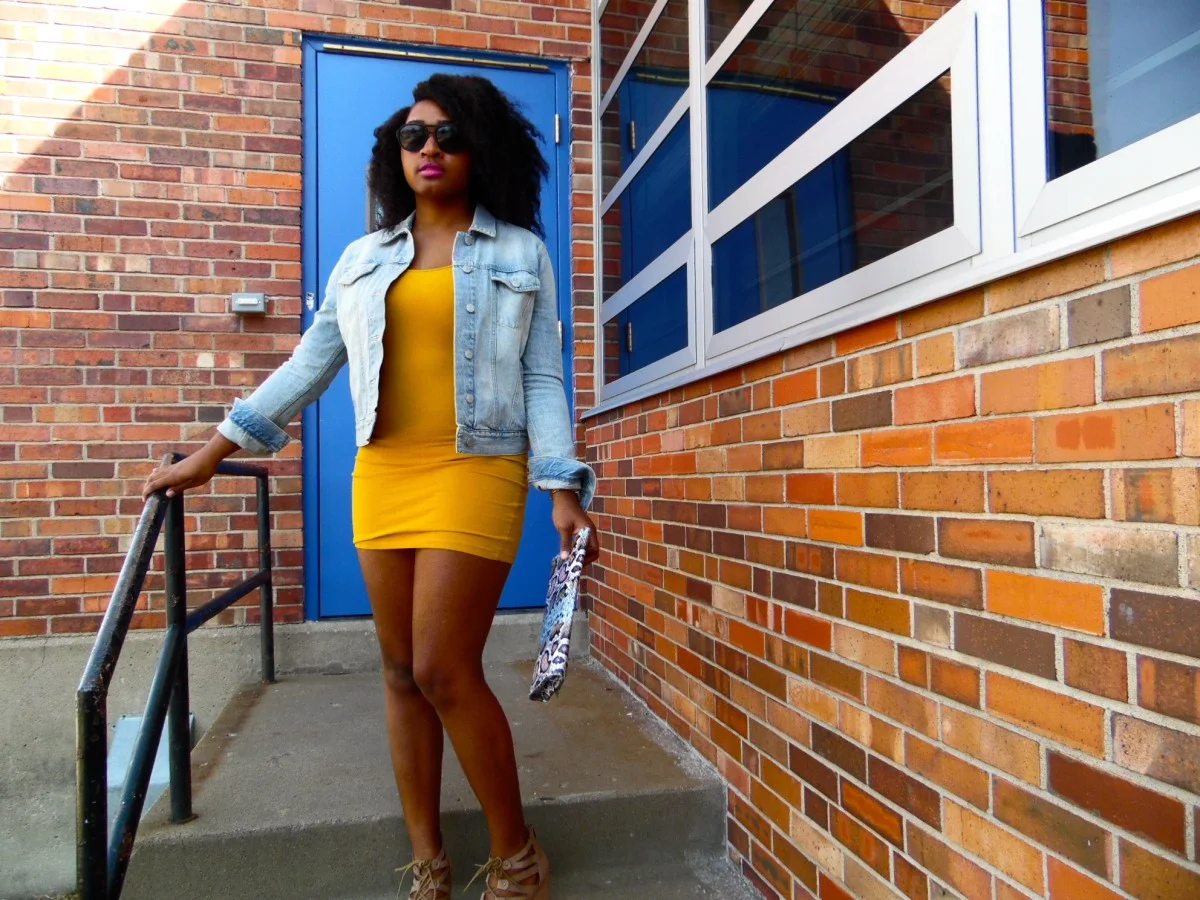 Mustard Yellow Mini Dress Layered with a Light Blue Denim Jacket — Mustard Outfits 2027