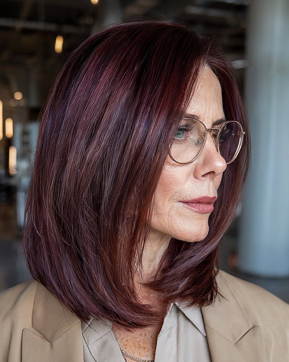 Rich Cherry Red Collarbone Lob — Hair Color 2027 for Women Over 60