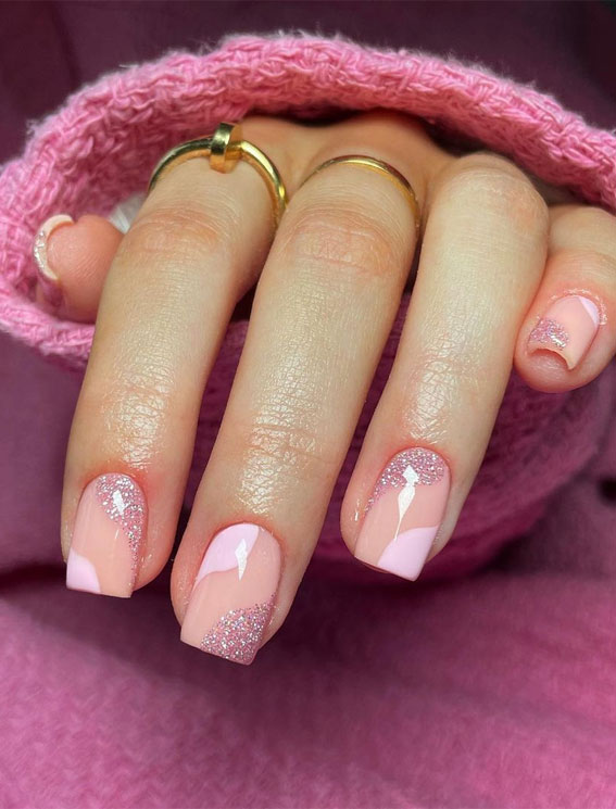 Short Square Abstract French with Glitter Short Square Abstract French with Glitter — Wedding Square Nails 2027