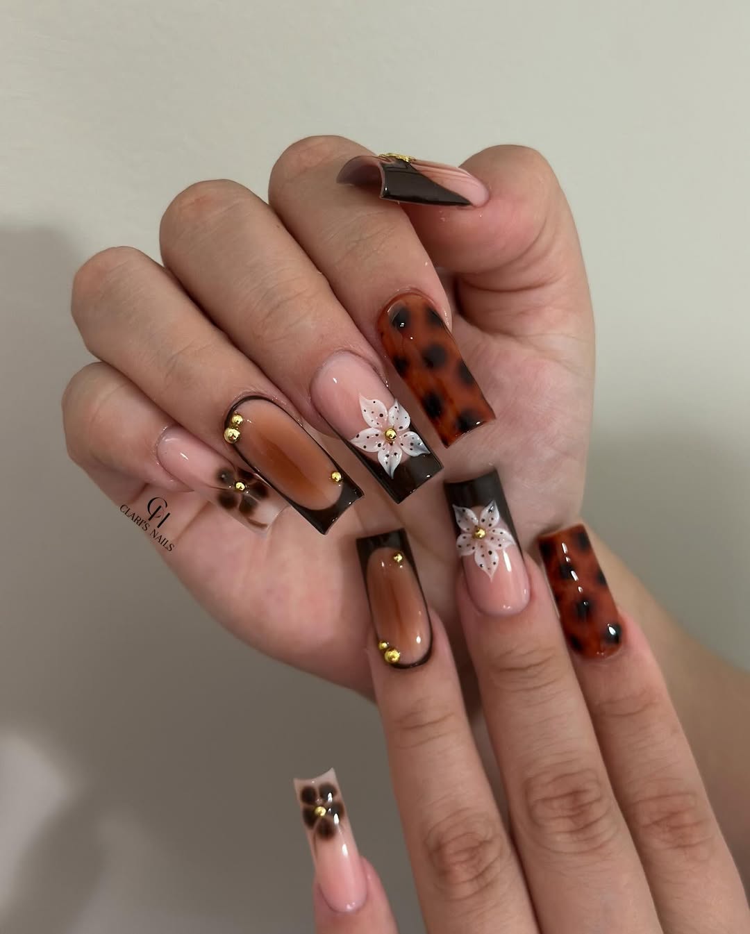Nude with Tortoiseshell Floral Art — Long Coffin Nails 2027