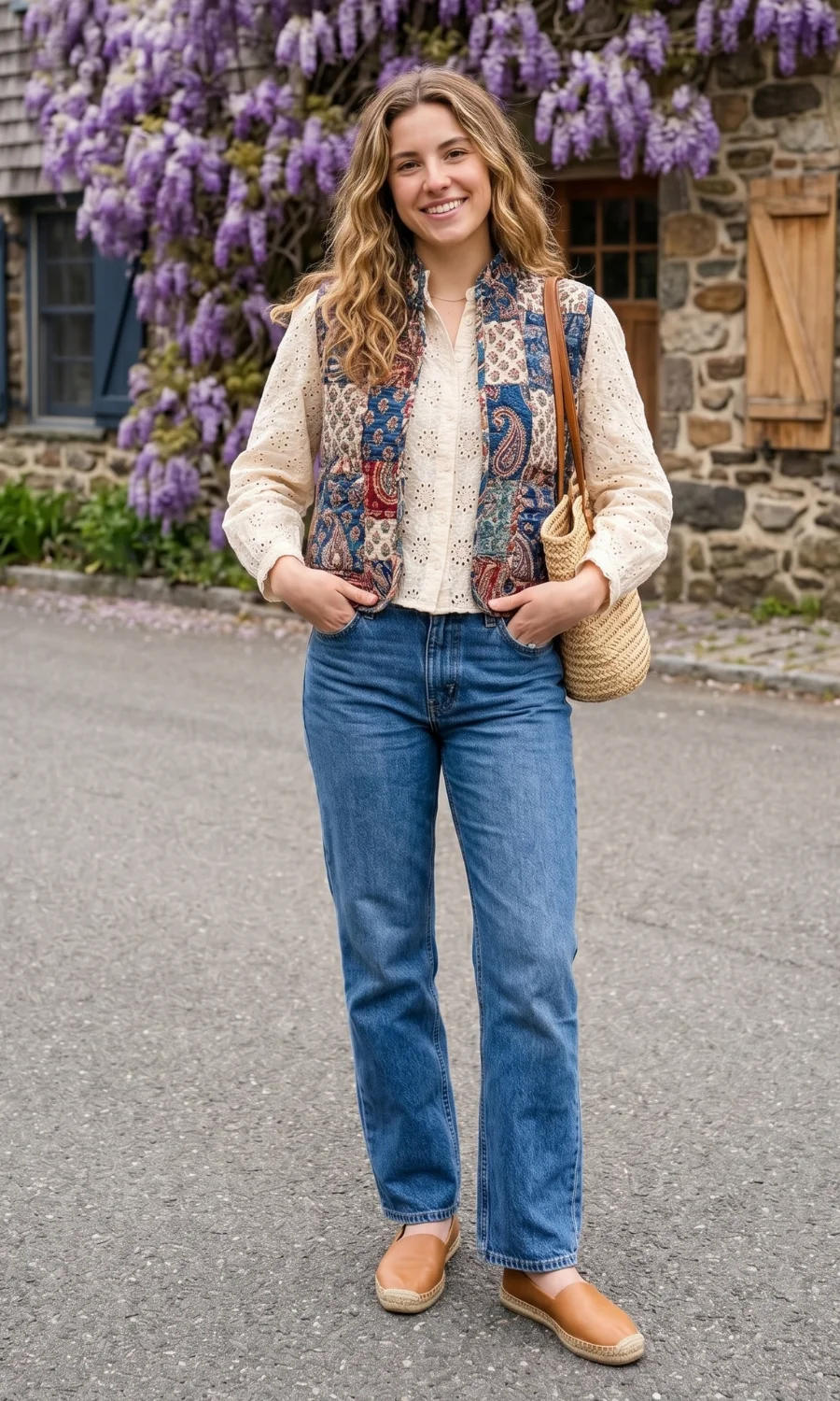 Eyelet Blouse and Quilted Vest for European-Inspired Casual — Summer Europe Outfits 2027