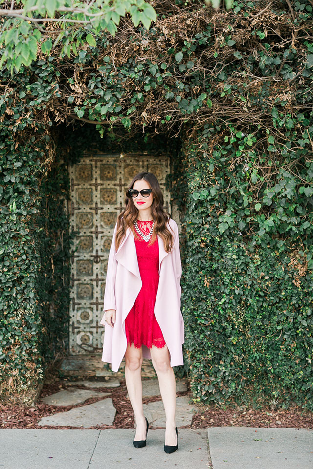 Red Lace Dress Layered with a Light Pink Trench Coat for Evening — Pink Valentines Outfits 2027