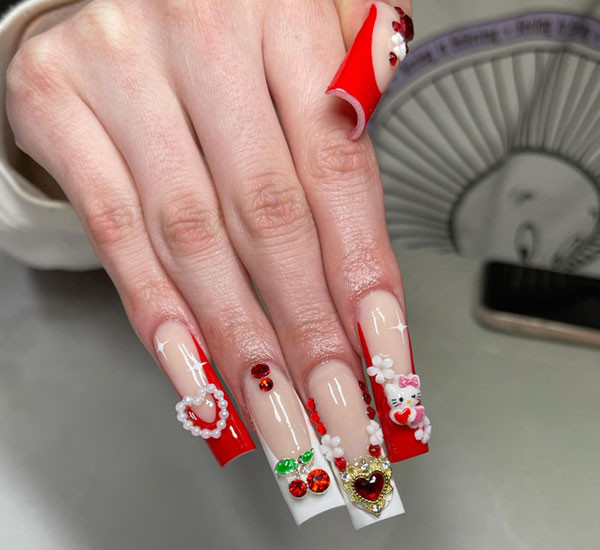 Both Hands Close-Up Visual Idea — Red Hello Kitty Nails 2027