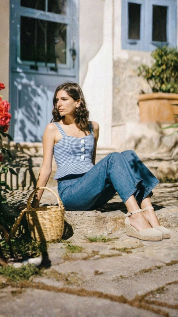 Beige Ankle-Tie Espadrilles with Gingham Crop Top and Jeans — Vacation Espadrilles Outfits 2027