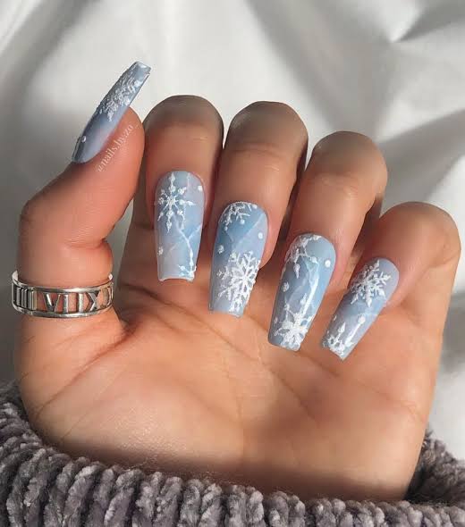 Light Blue Snowflake Coffin Nails — Cozy Winter Nails 2027