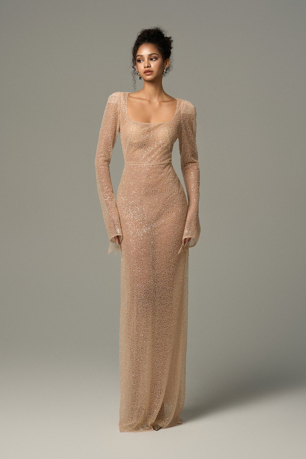 Nude Beaded Mesh Long Sleeve Bodycon Maxi Dress Nude Beaded Mesh Long Sleeve Bodycon Maxi Dress — Shrink Wrap Outfits 2027