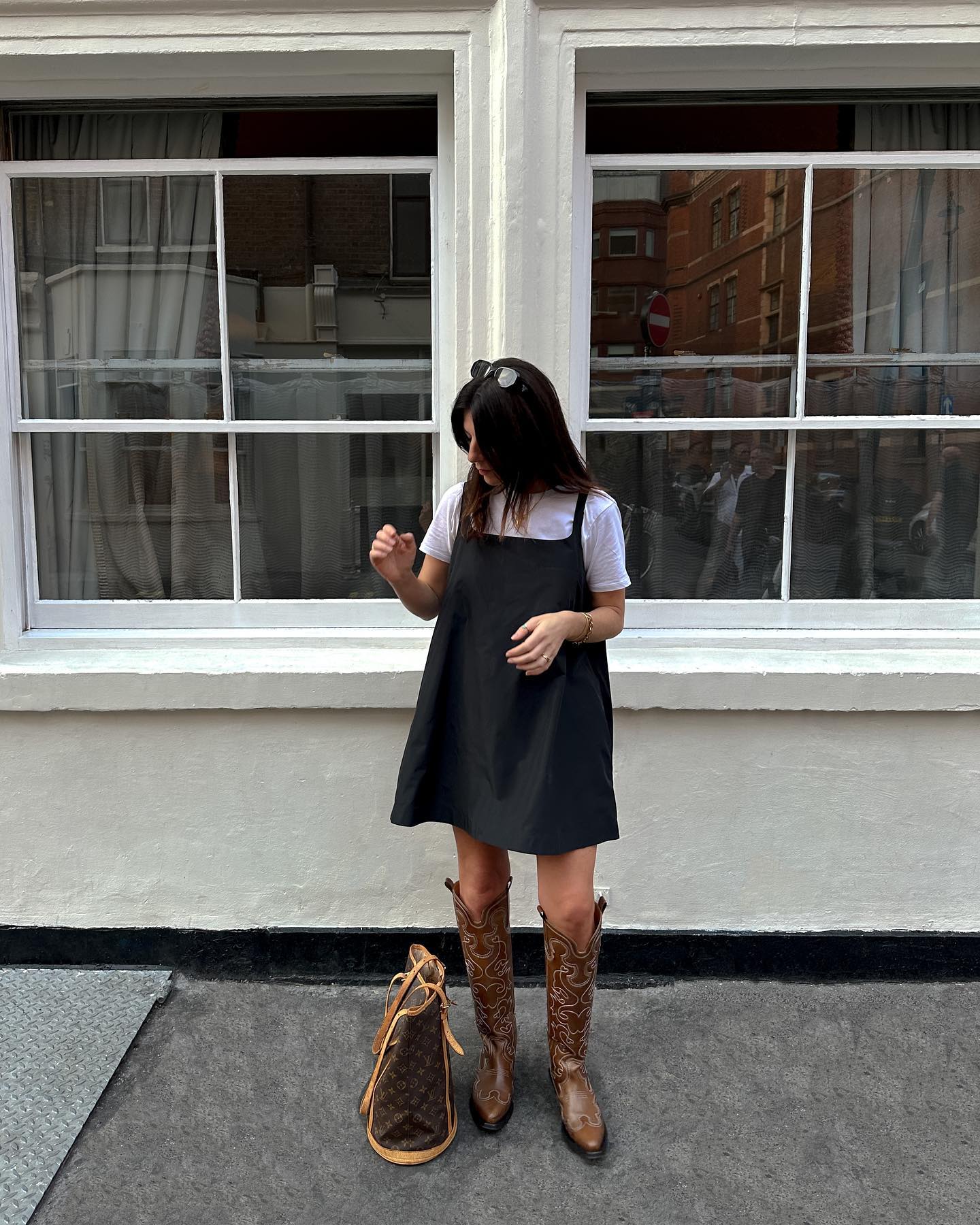 Pinafore Dress and T-Shirt with Brown Cowboy Boots Pinafore Dress and T-Shirt with Brown Cowboy Boots — Cowboy Boots Outfits 2027