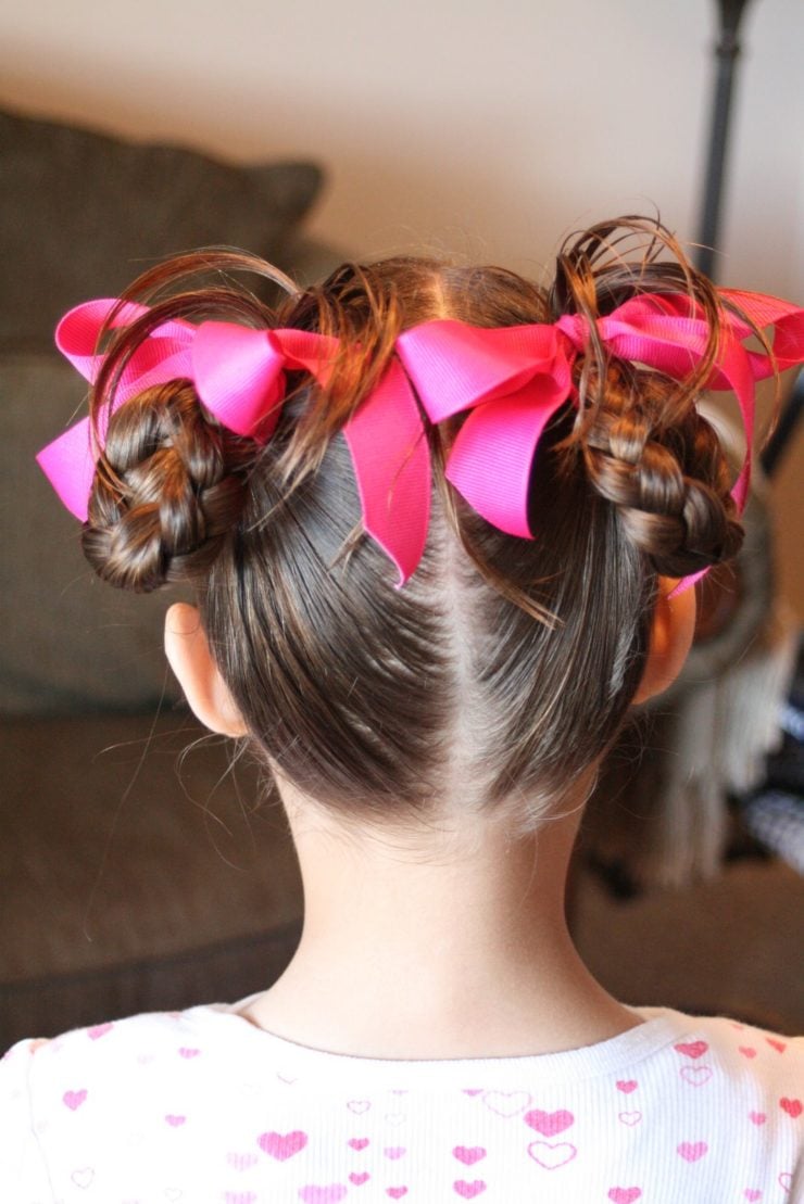 Braided Buns With Bright Pink Bows Braided Buns With Bright Pink Bows — Little Girl Hairstyles 2027