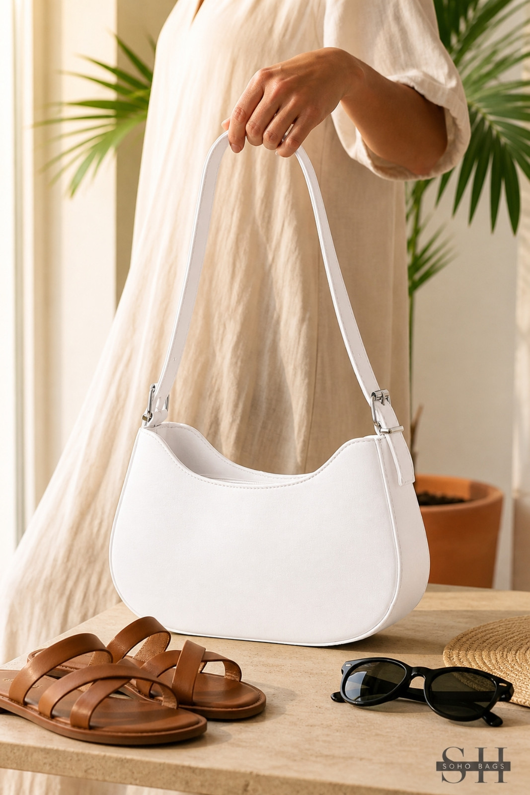 Beige Linen Dress, White Baguette Bag, and Summer Accessories Beige Linen Dress, White Baguette Bag, and Summer Accessories — Baguette Bag Aesthetic 2027