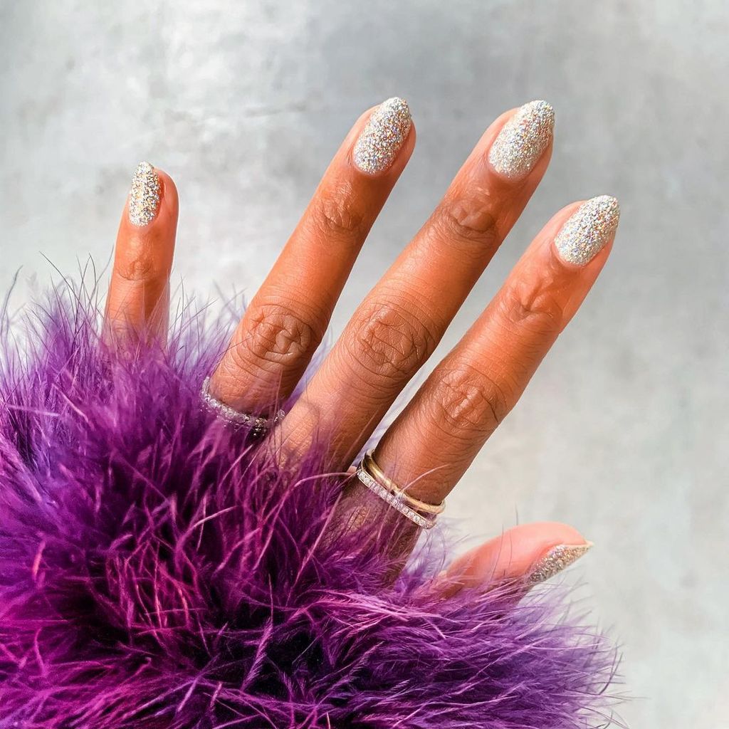 Dense Silver Glitter on Short Round Nails Dense Silver Glitter on Short Round Nails — New Years Eve Nails 2027