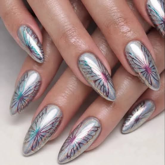 Metallic Silver Butterfly Wing Stilettos Metallic Silver Butterfly Wing Stilettos — Silver Nails 2027