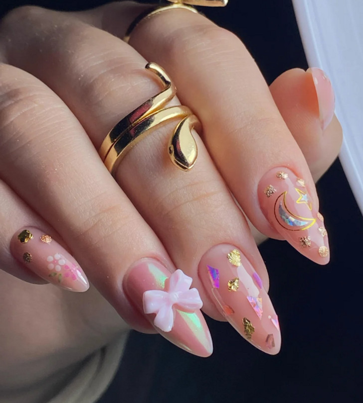 Sheer Pink Gold Foil Floral Short Almond Nails Sheer Pink Gold Foil Floral Short Almond Nails — Practical Mom Nails 2027