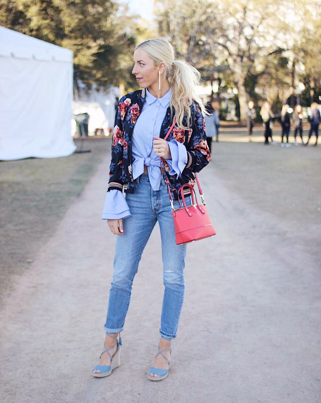 Floral Bomber Jacket Over Tied Button-Up Shirt Floral Bomber Jacket Over Tied Button-Up Shirt — Charleston Outfits 2027