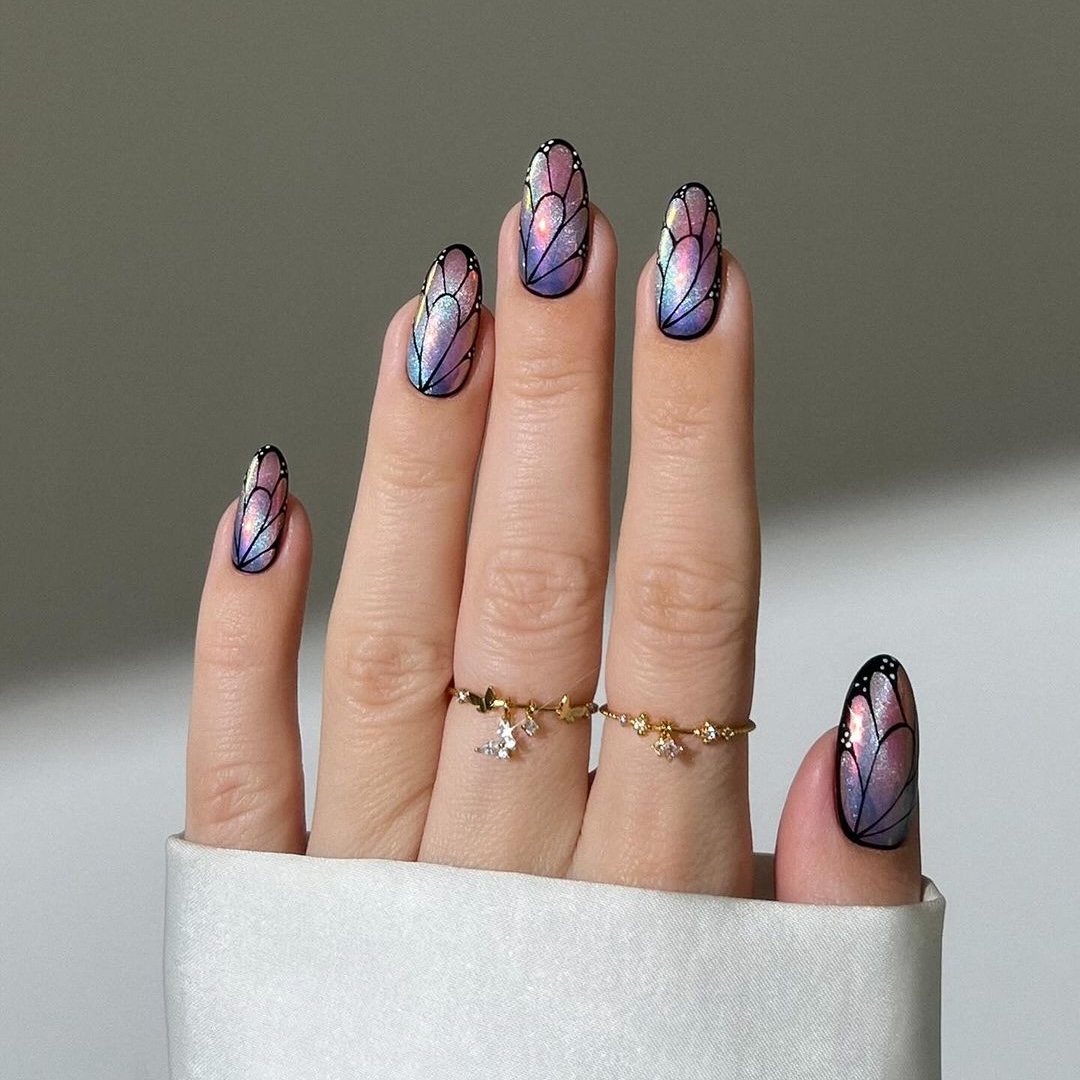 Iridescent Pink Purple Blue Butterfly Almonds — Short Butterfly Almond Nails 2027