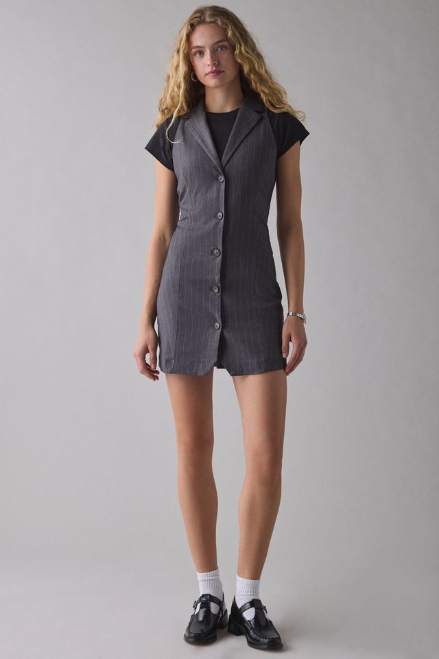 Grey Pinstripe Vest Dress Over Black Tee Grey Pinstripe Vest Dress Over Black Tee — Pinstripe Outfits 2027