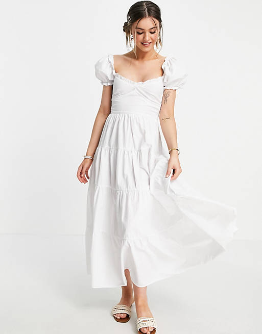 White Puff-Sleeve Tiered Milkmaid Midi Dress with Woven Slide Sandals White Puff-Sleeve Tiered Milkmaid Midi Dress with Woven Slide Sandals — Milkmaid Dresses 2027