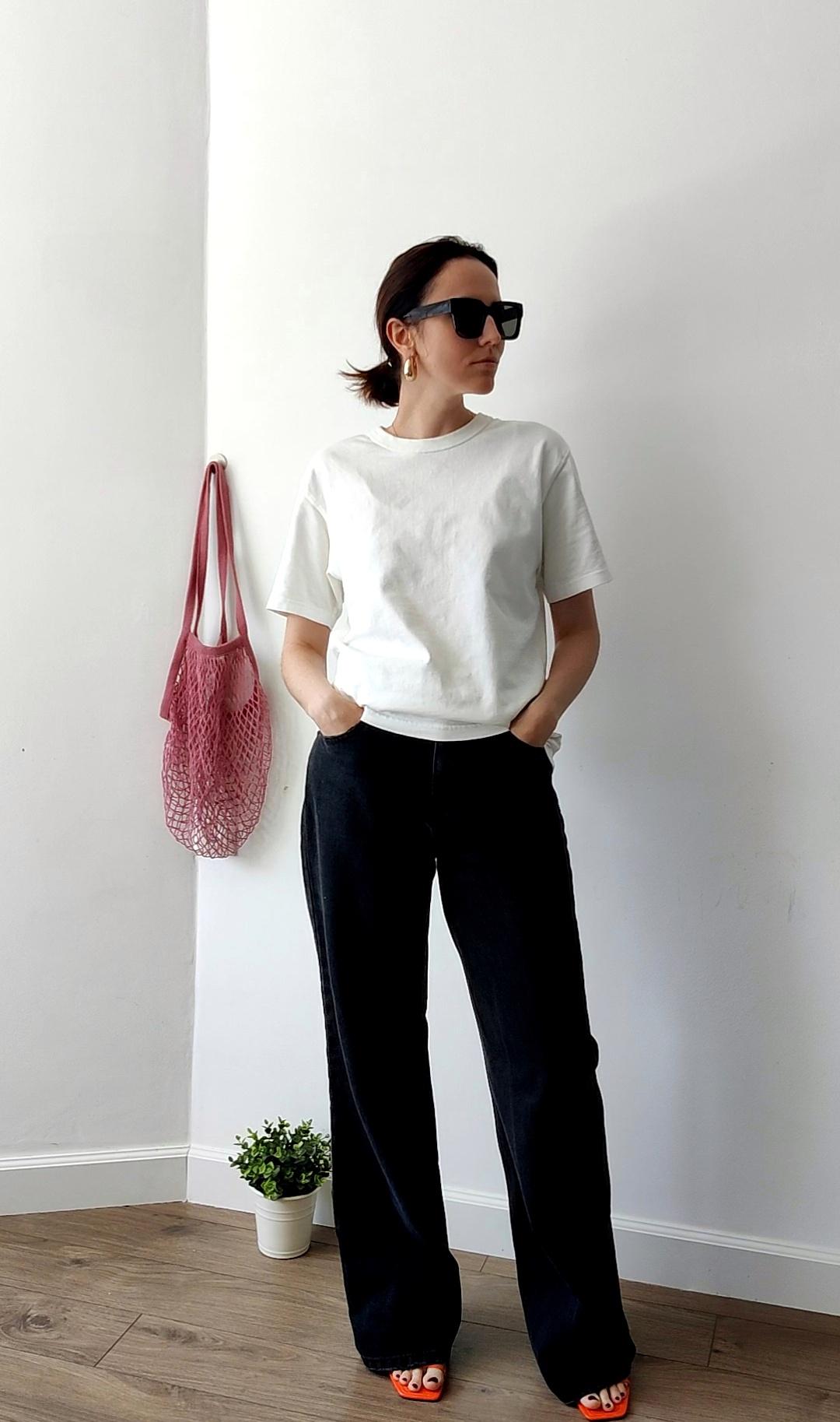 White Tee and Black Jeans with Orange Heels — Minimalist Outfits 2027