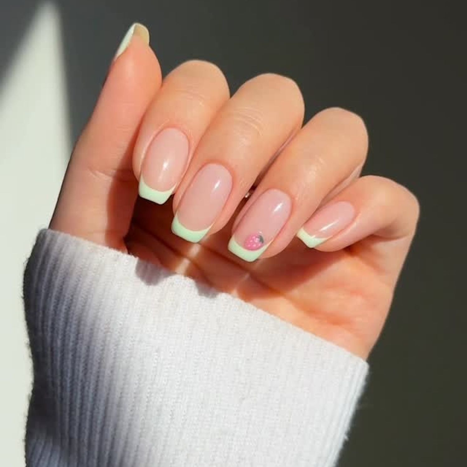 Light Green French Tips with Strawberry Art Light Green French Tips with Strawberry Art — French Tip Nails 2027 for Short Fingers