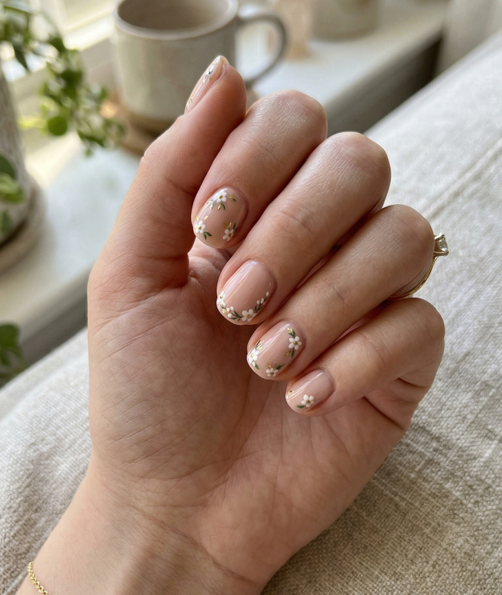 Short Nude Base With Delicate White Flowers Short Nude Base With Delicate White Flowers — Flower Nails 2027