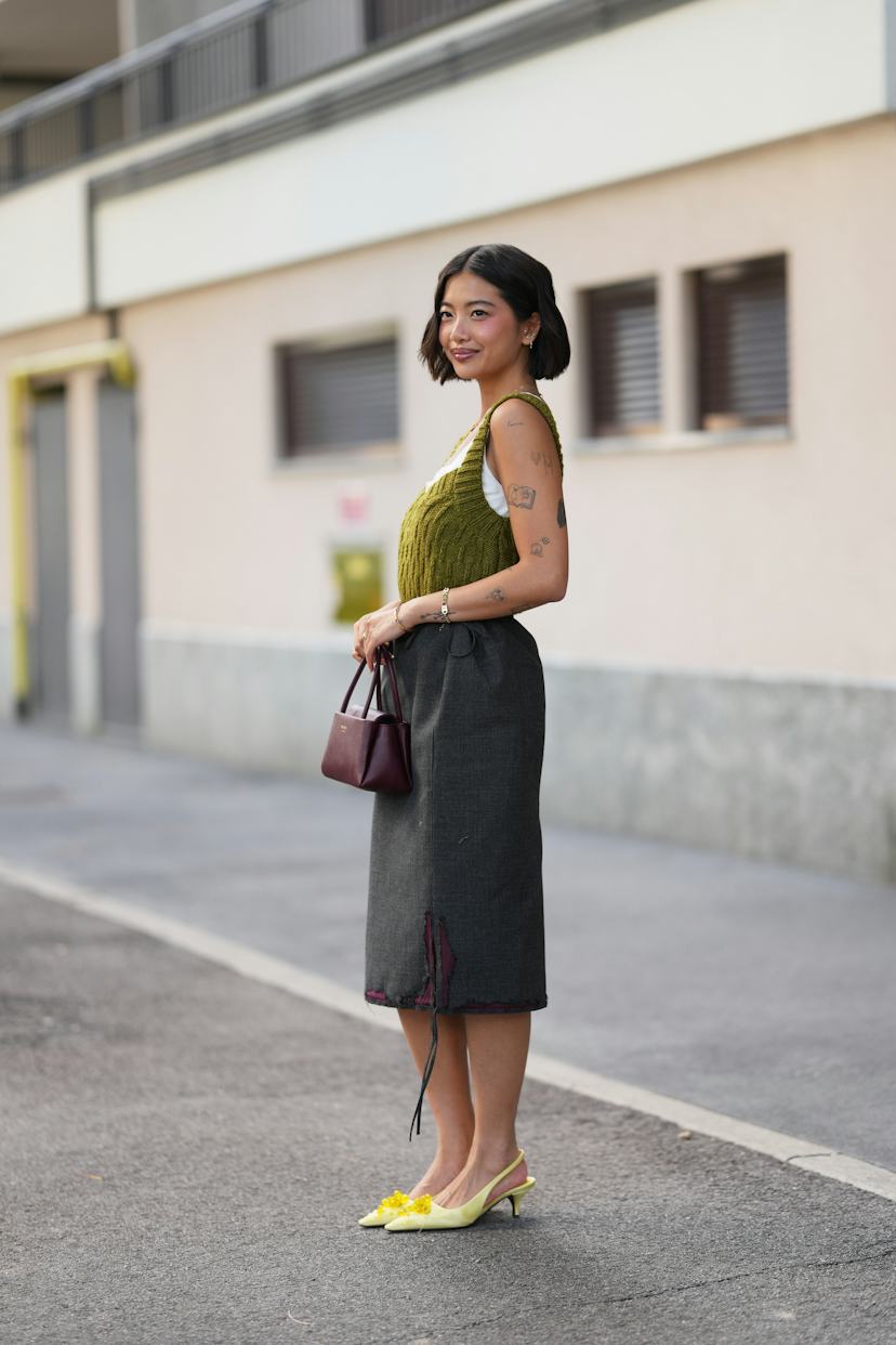 Tweed Pencil Skirt with Knit Vest for Casual Chic — Tiered Skirt Outfits 2027