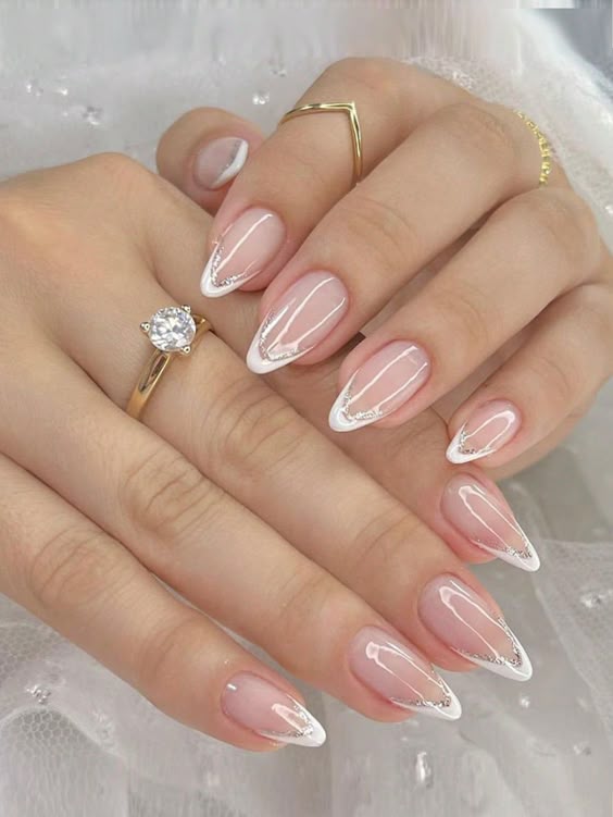 Modern French Stiletto with Glitter Line Modern French Stiletto with Glitter Line — Classy Wedding Nails 2027