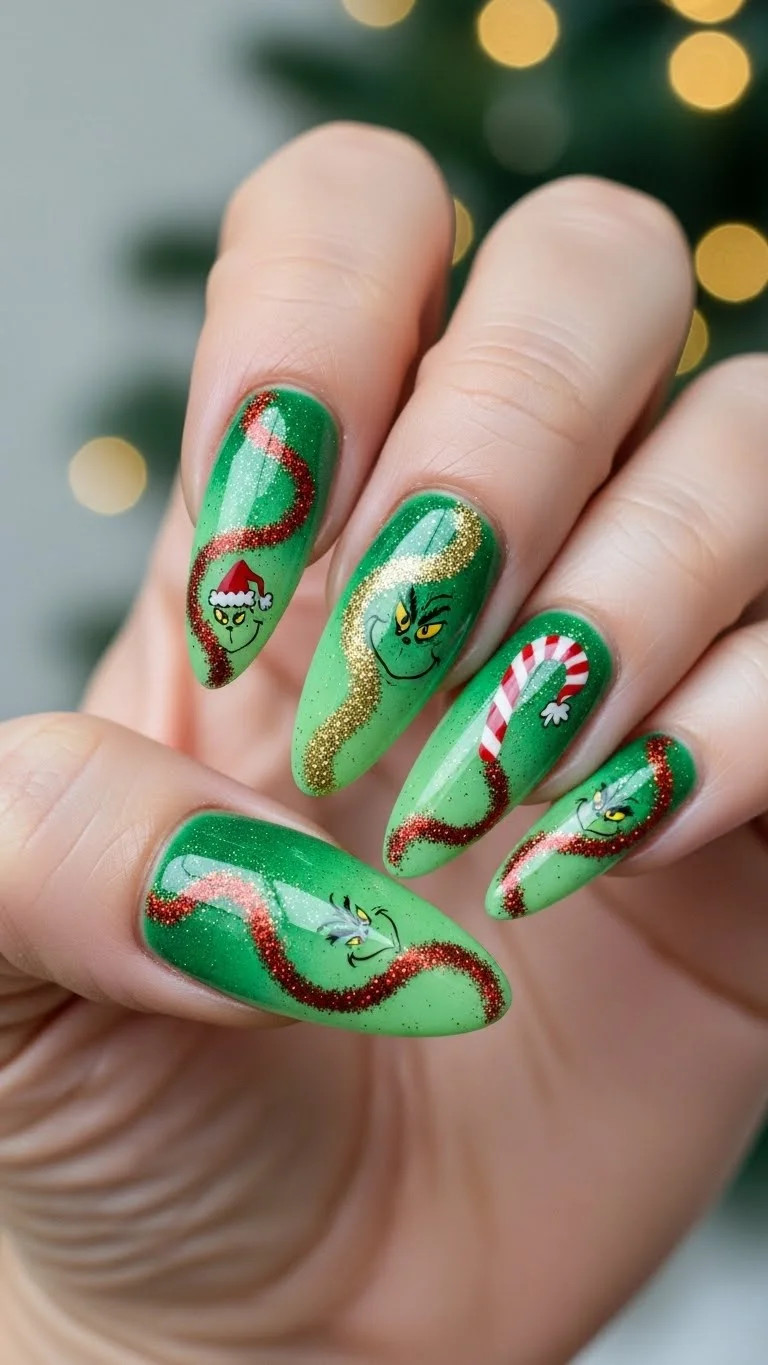 Grinch and Candy Cane Long Stilettos Grinch and Candy Cane Long Stilettos — Christmas Nail Art 2026
