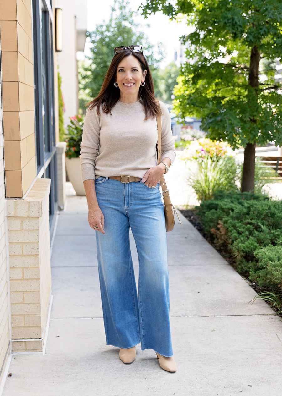 Gradient Hem Detail: Wide Leg Jeans with Beige Sweater and Flats — Wide Leg Jeans 2027