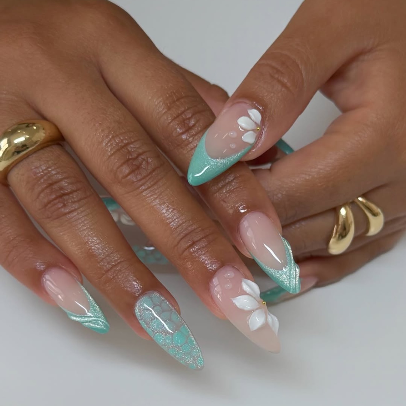 3D Floral Glitter French Stiletto Nails 3D Floral Glitter French Stiletto Nails — Spring Acrylic Nails 2027
