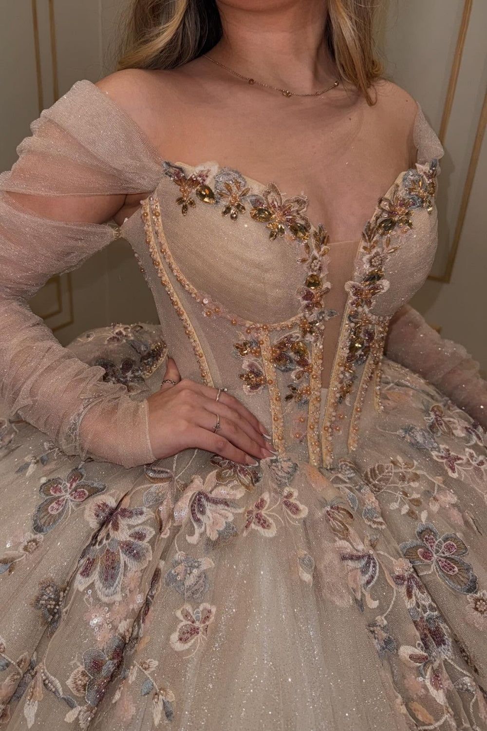 Detailed Bodice of a Champagne Ballgown with Beading and Sequins — Champagne Quinceanera Dress 2027