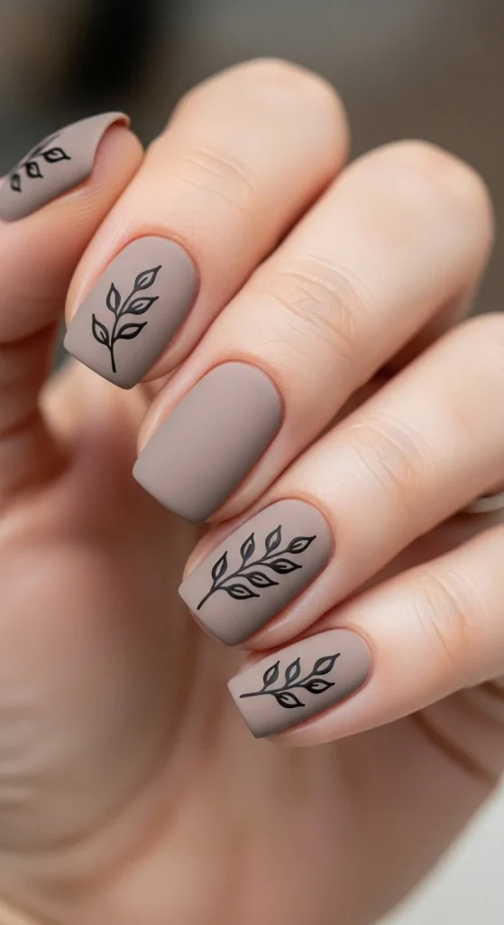 Matte Taupe with Black Leaf Art Matte Taupe with Black Leaf Art — Short Fall Nails 2026