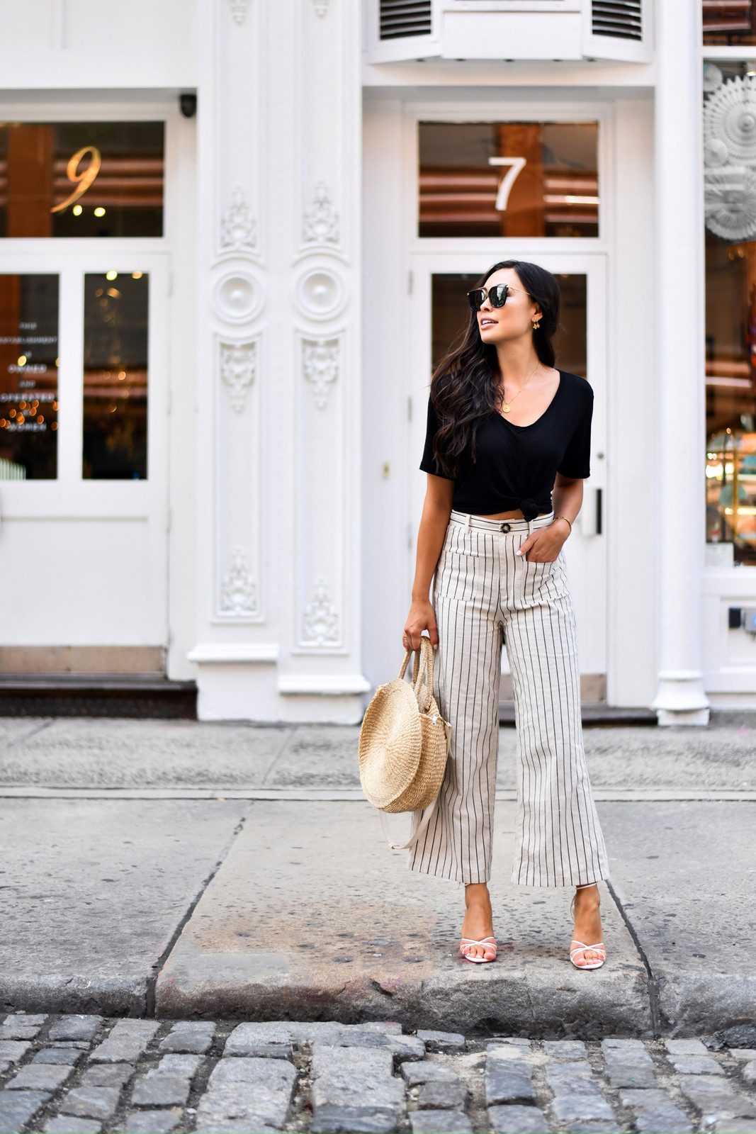 Summer Casual: Cropped Pinstripe Pants with T-Shirt Summer Casual: Cropped Pinstripe Pants with T-Shirt — Pinstripe Pants Outfits 2027