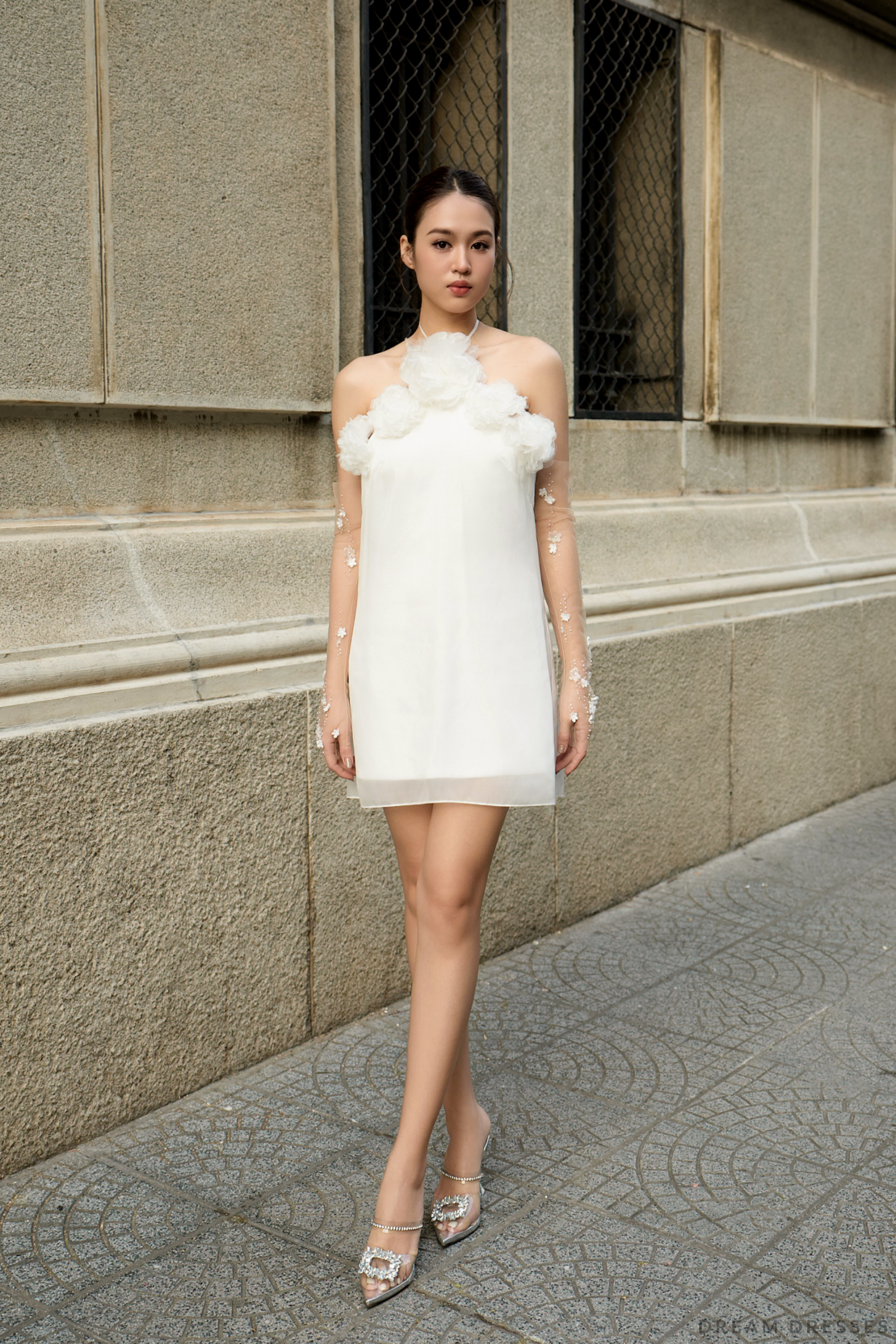 Enchanting Ivory Mini Dress with Floral Appliqué Sleeves — Bridal Shower Dresses 2027