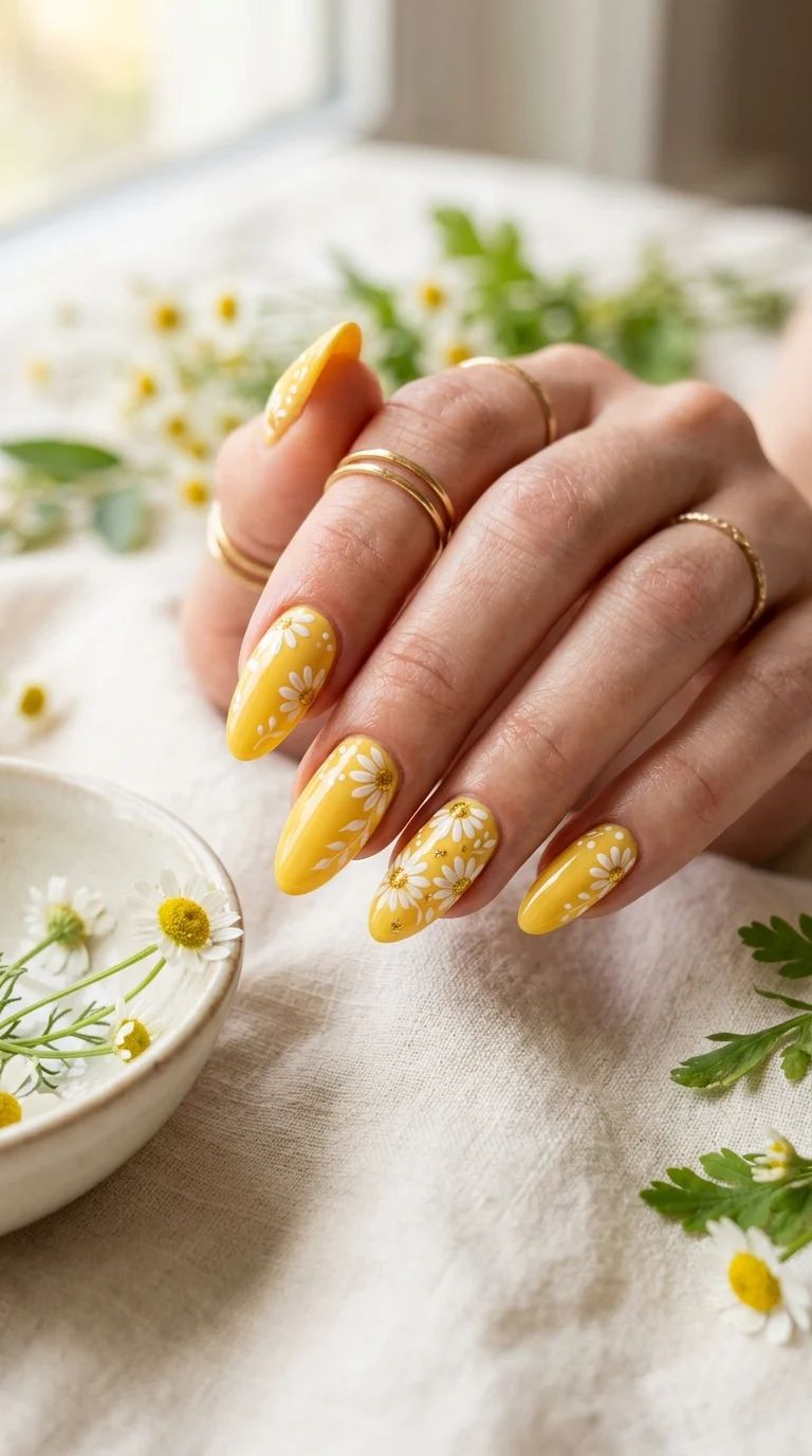 Vibrant Yellow Daisy Almonds Vibrant Yellow Daisy Almonds — Floral Round Nails 2027
