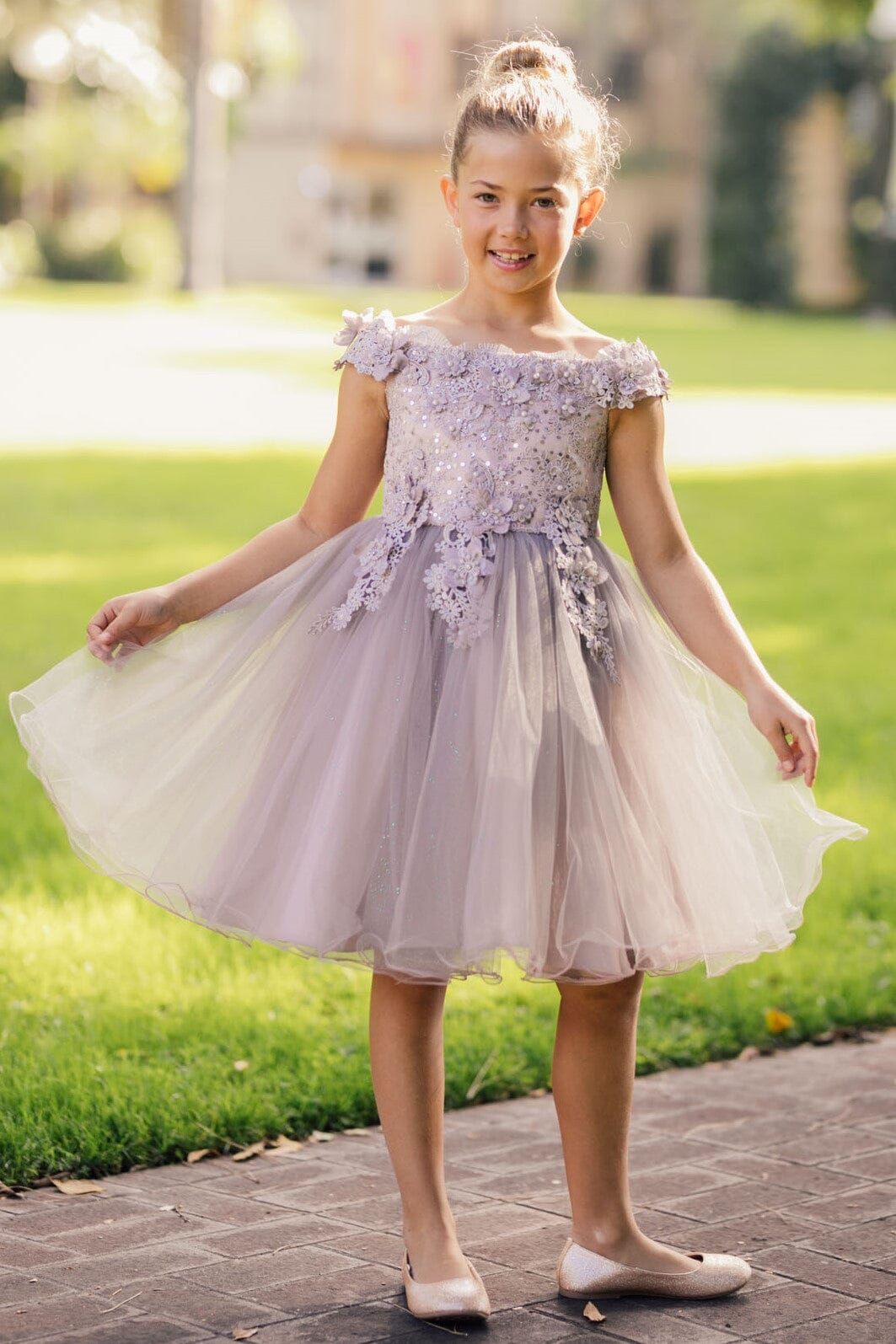 Lilac Off-the-Shoulder Ballgown with Lace Bodice Lilac Off-the-Shoulder Ballgown with Lace Bodice — Junior Bridesmaid Dress 2027