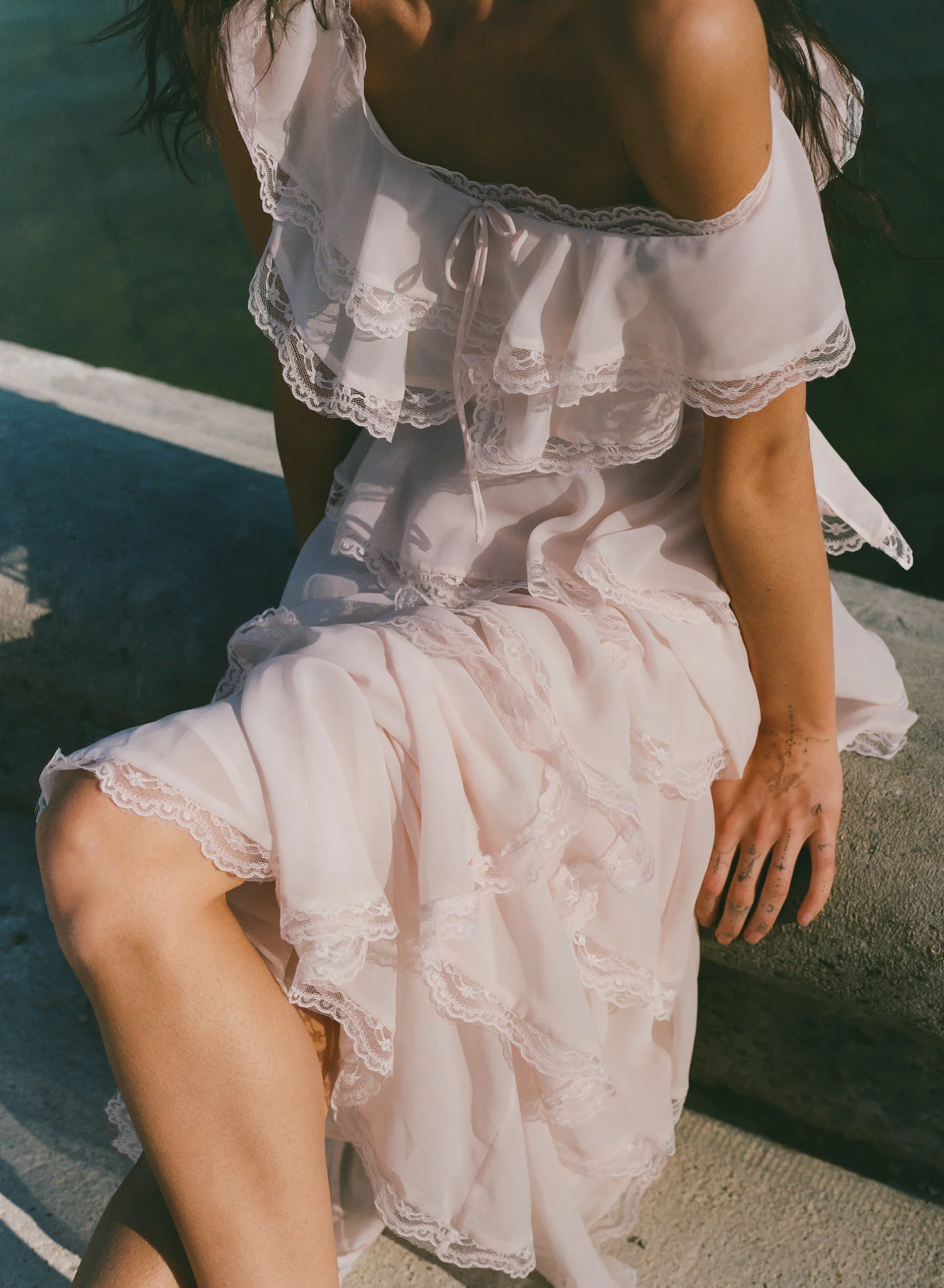 Pale Pink Chiffon Dress with Abundant Ruffles and Lace Pale Pink Chiffon Dress with Abundant Ruffles and Lace — Ruffle Dresses 2027