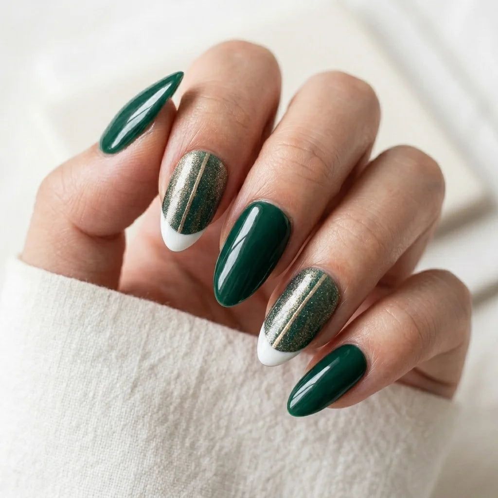 Deep Green French with Gold Glitter Accents Deep Green French with Gold Glitter Accents — Sparkly Holiday Nails 2026
