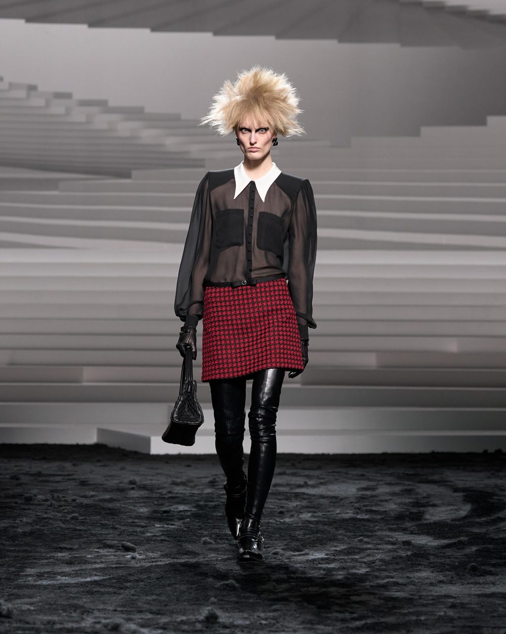 Edgy Sheer Blouse, Mini Skirt, and Thigh-High Boots — Corporate Baddie Outfits 2027
