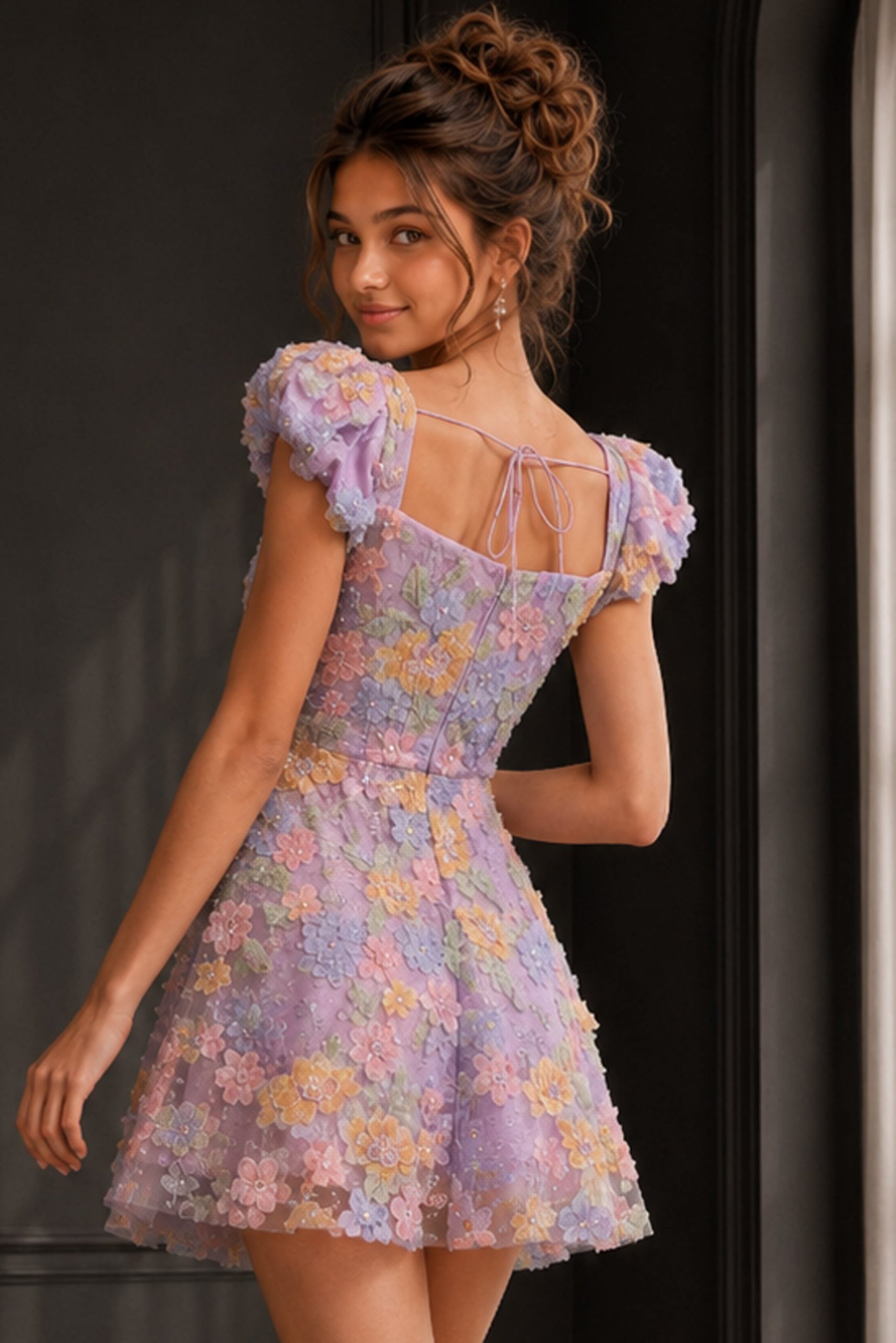 Lilac Mini Dress with Puff Sleeves and Beaded Floral Appliqués — 3D Floral Outfits 2027